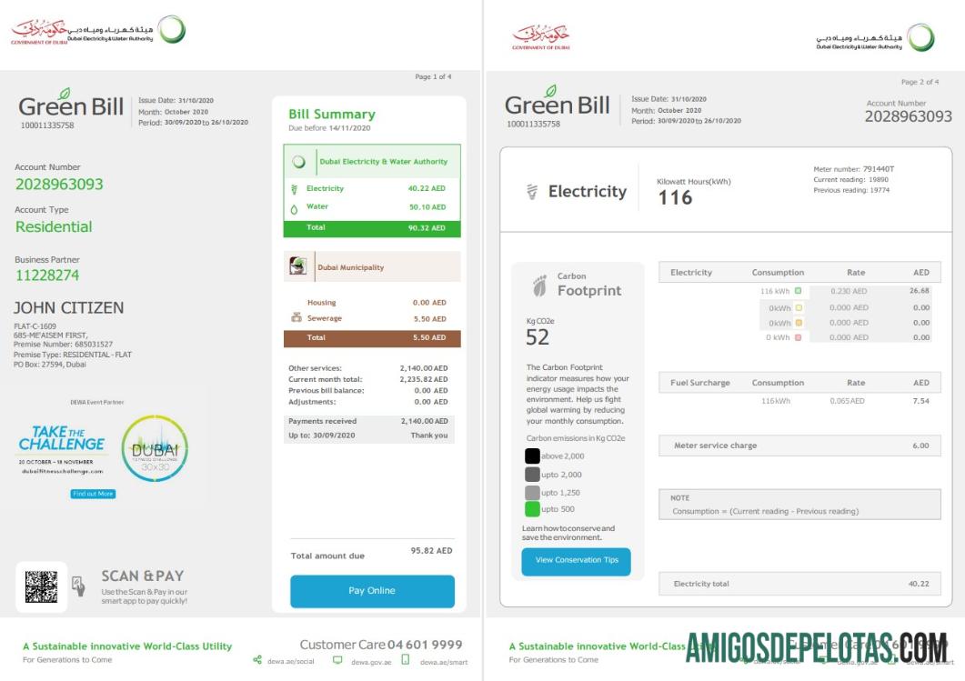 imprimível Modelo de conta de serviços públicos da Autoridade de Eletricidade e Água dos Emirados Árabes Unidos em formato Word e PDF (4 páginas) 1 2